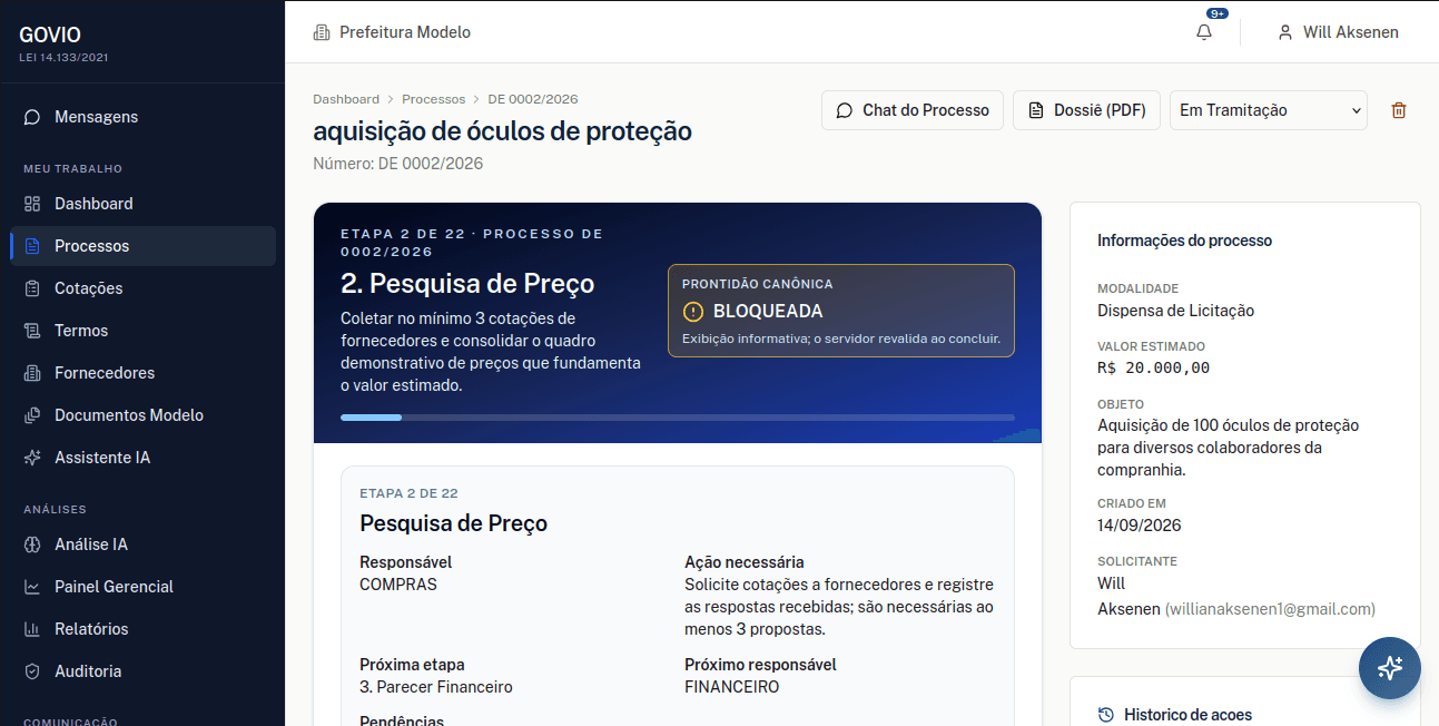 Interface real do GOVIO mostrando o acompanhamento de um processo